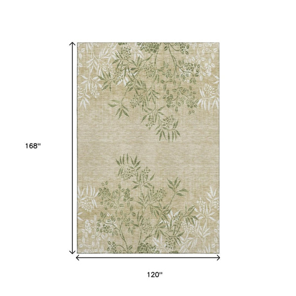 HomeRoots 10' Khaki Green and Ivory Floral Washable Area Rug – UV Protected, Durable, Ideal for Busy Homes 655644
