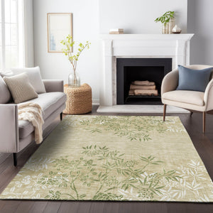 HomeRoots 10' Khaki Green and Ivory Floral Washable Area Rug – UV Protected, Durable, Ideal for Busy Homes 655644