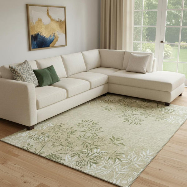 HomeRoots 10' Khaki Green and Ivory Floral Washable Area Rug – UV Protected, Durable, Ideal for Busy Homes 655644