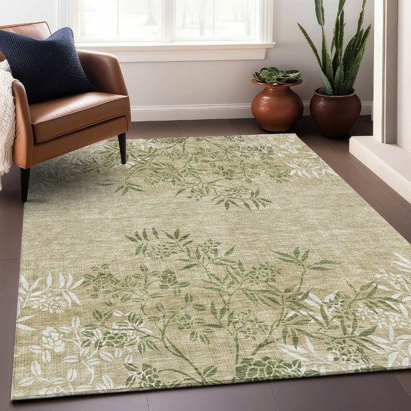 HomeRoots 10' Khaki Green and Ivory Floral Washable Area Rug – UV Protected, Durable, Ideal for Busy Homes 655644
