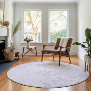 HomeRoots 8' Lilac and Ivory Floral Washable Round Rug – Durable, UV-Protected, Kid & Pet Friendly Elegance 655647