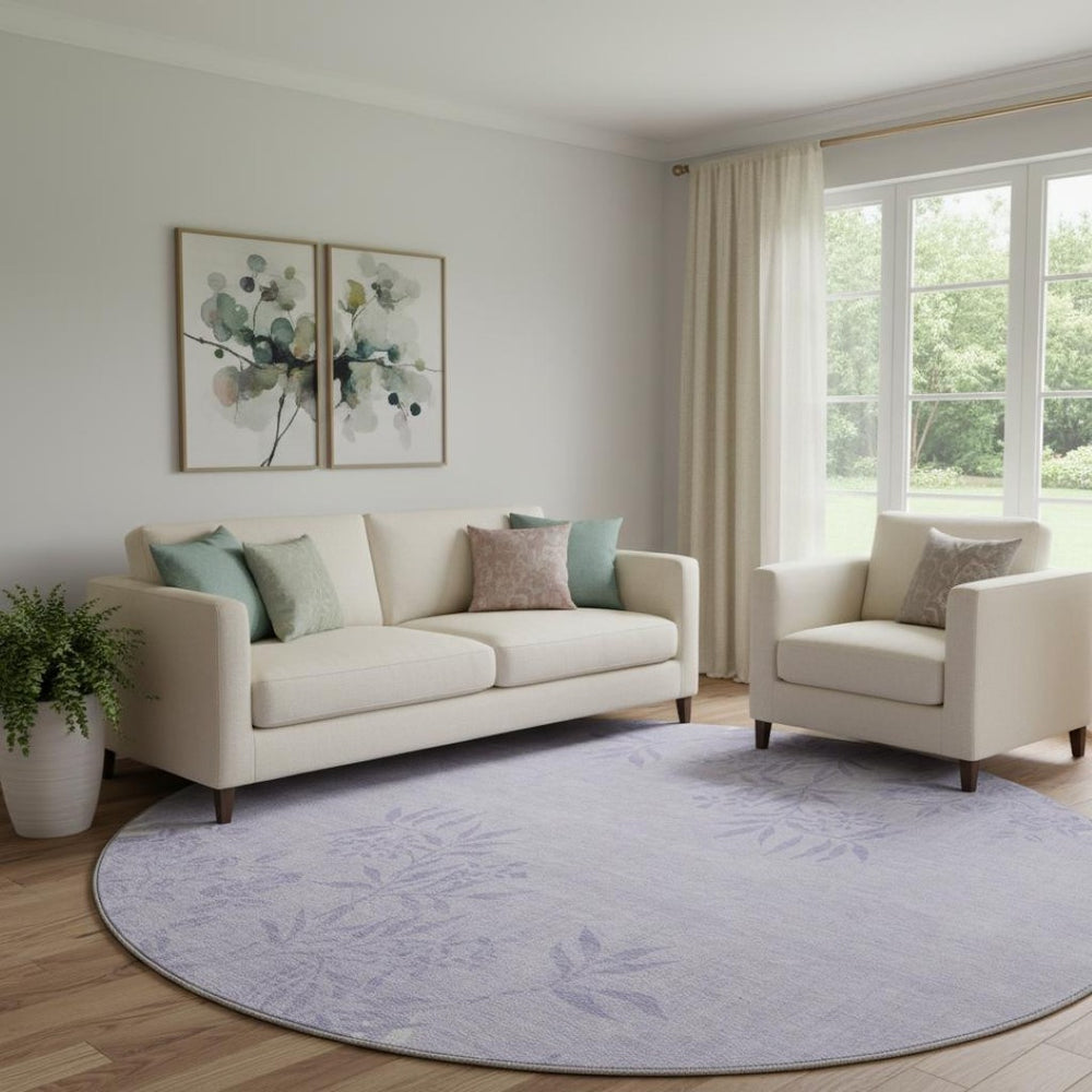 HomeRoots 8' Lilac and Ivory Floral Washable Round Rug – Durable, UV-Protected, Kid & Pet Friendly Elegance 655647