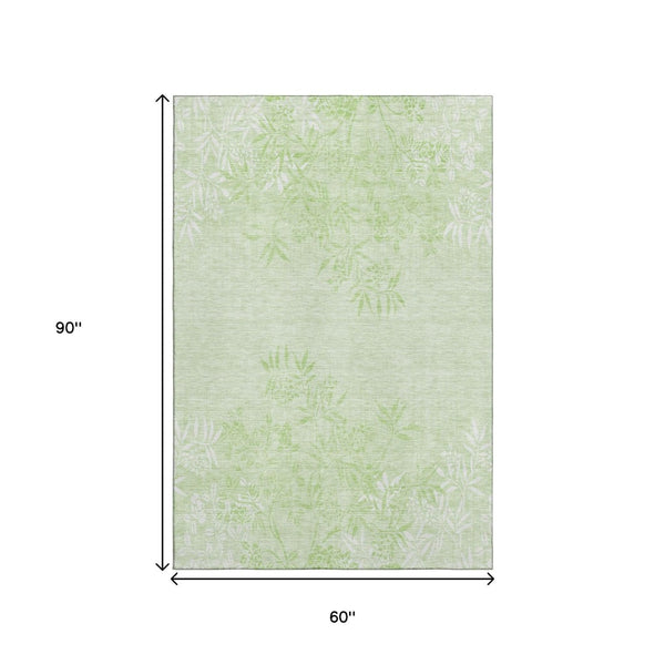 HomeRoots 5' X 8' Mint Green Floral Area Rug - Washable, UV Protected, Durable for Homes with Kids & Pets 655652