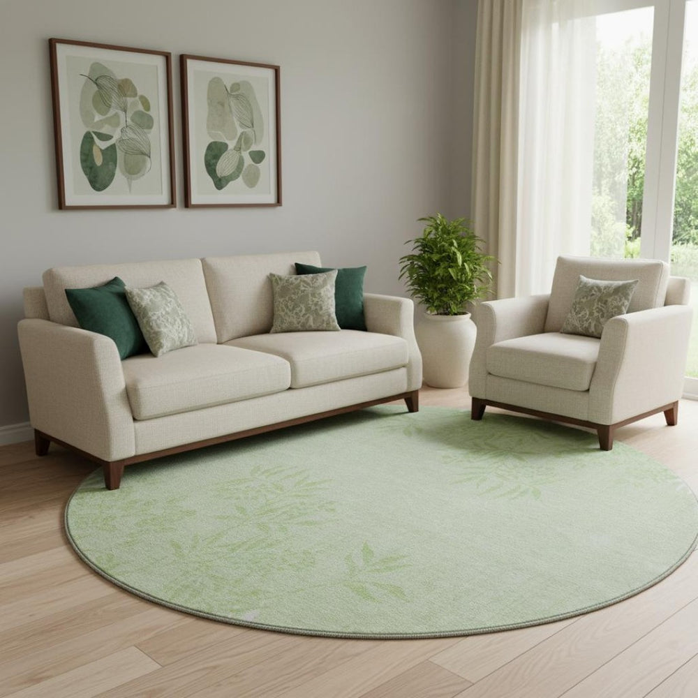 HomeRoots 8' Mint Green Floral Round Rug - Washable, UV-Protected, Stain-Resistant for Family Living & Style 655653