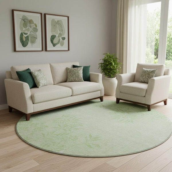 HomeRoots 8' Mint Green Floral Round Rug - Washable, UV-Protected, Stain-Resistant for Family Living & Style 655653