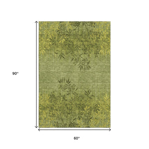 HomeRoots 5' X 8' Olive Green & Gold Floral Washable Area Rug - Durable, Stylish, UV-Protected for Homes! 655658