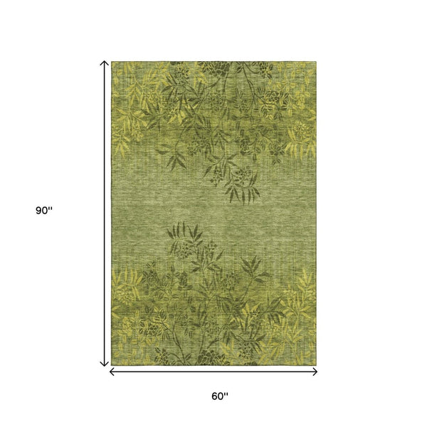 HomeRoots 5' X 8' Olive Green & Gold Floral Washable Area Rug - Durable, Stylish, UV-Protected for Homes! 655658