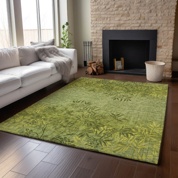 HomeRoots 5' X 8' Olive Green & Gold Floral Washable Area Rug - Durable, Stylish, UV-Protected for Homes! 655658