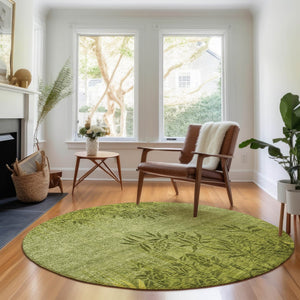HomeRoots 8' Olive Green Floral Rug - Washable, UV Protected, Stain-Resistant, Perfect for Homes with Kids & Pets 655659