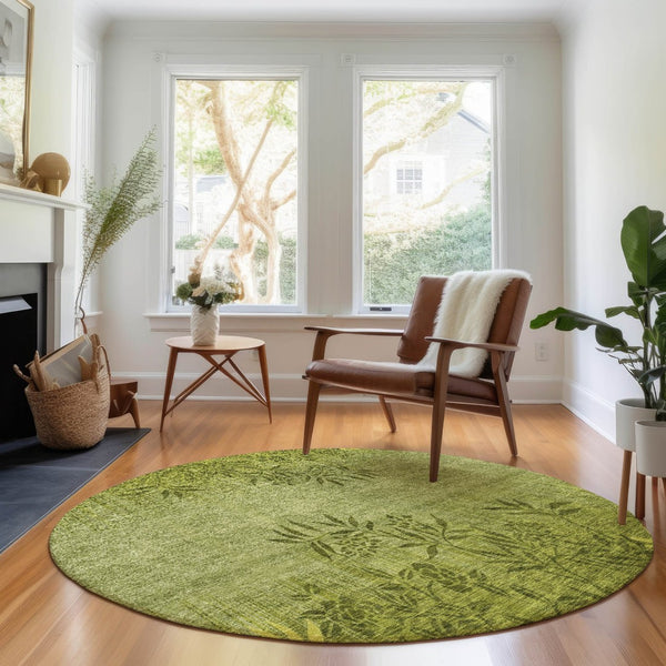HomeRoots 8' Olive Green Floral Rug - Washable, UV Protected, Stain-Resistant, Perfect for Homes with Kids & Pets 655659