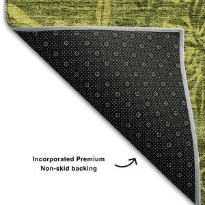HomeRoots 8' Olive Green Floral Rug - Washable, UV Protected, Stain-Resistant, Perfect for Homes with Kids & Pets 655659