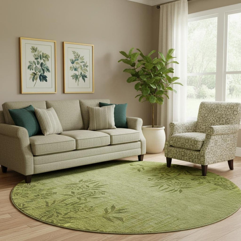HomeRoots 8' Olive Green Floral Rug - Washable, UV Protected, Stain-Resistant, Perfect for Homes with Kids & Pets 655659