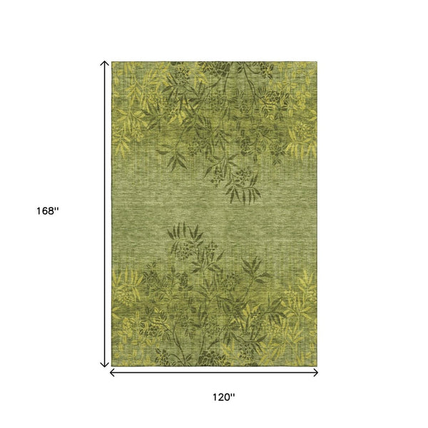 HomeRoots 10' x 14' Olive Green & Gold Floral Area Rug - Washable, UV-Protected, Stain-Resistant Beauty! 655662