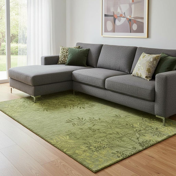 HomeRoots 10' x 14' Olive Green & Gold Floral Area Rug - Washable, UV-Protected, Stain-Resistant Beauty! 655662