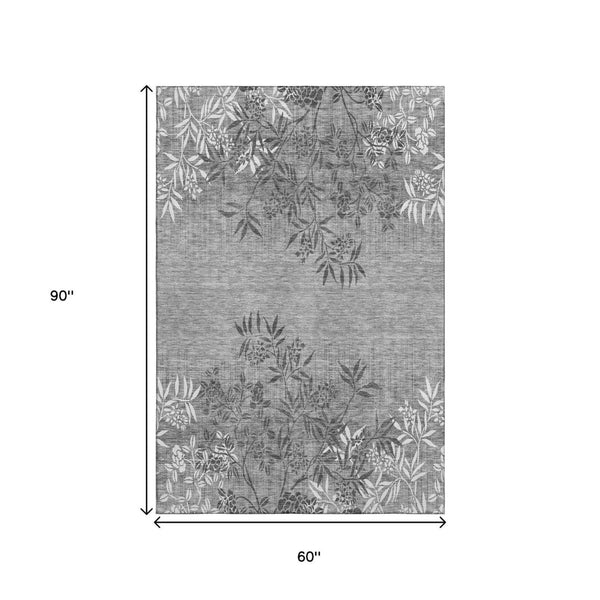 HomeRoots 5' X 8' Elegant Pewter and Ivory Floral Area Rug - Washable, Stain-Resistant, UV Protected Design 655664