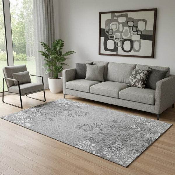 HomeRoots 5' X 8' Elegant Pewter and Ivory Floral Area Rug - Washable, Stain-Resistant, UV Protected Design 655664