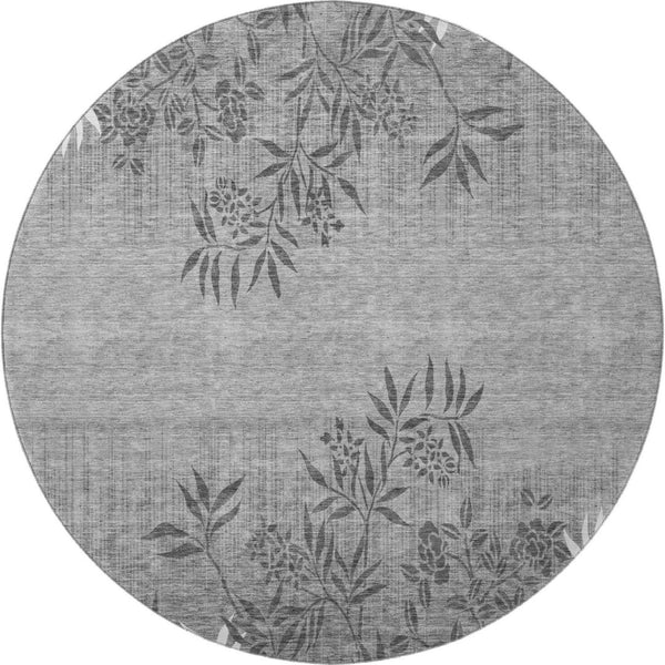 HomeRoots 8' Elegant Pewter & Ivory Floral Round Rug - Washable, UV Protected, Stain Resistant, Non-Slip Design 655665