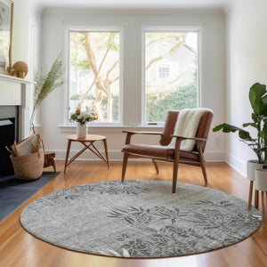 HomeRoots 8' Elegant Pewter & Ivory Floral Round Rug - Washable, UV Protected, Stain Resistant, Non-Slip Design 655665