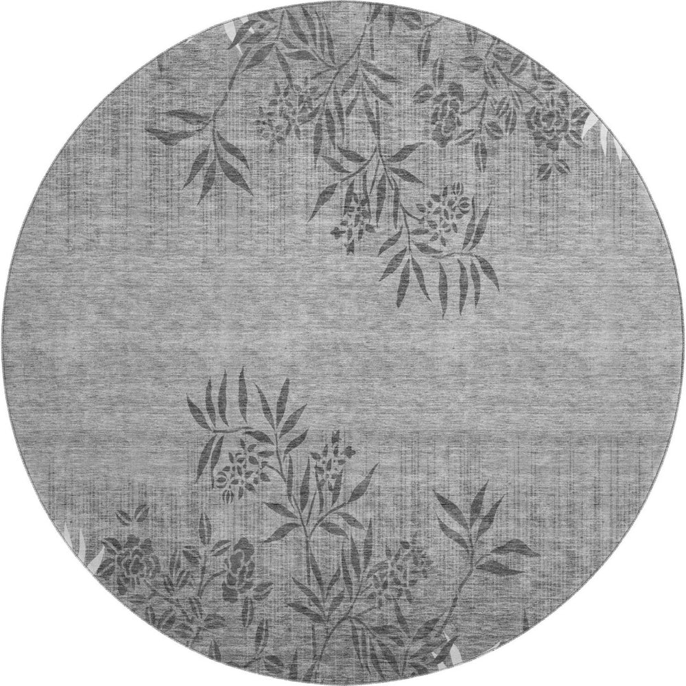 HomeRoots 8' Elegant Pewter & Ivory Floral Round Rug - Washable, UV Protected, Stain Resistant, Non-Slip Design 655665