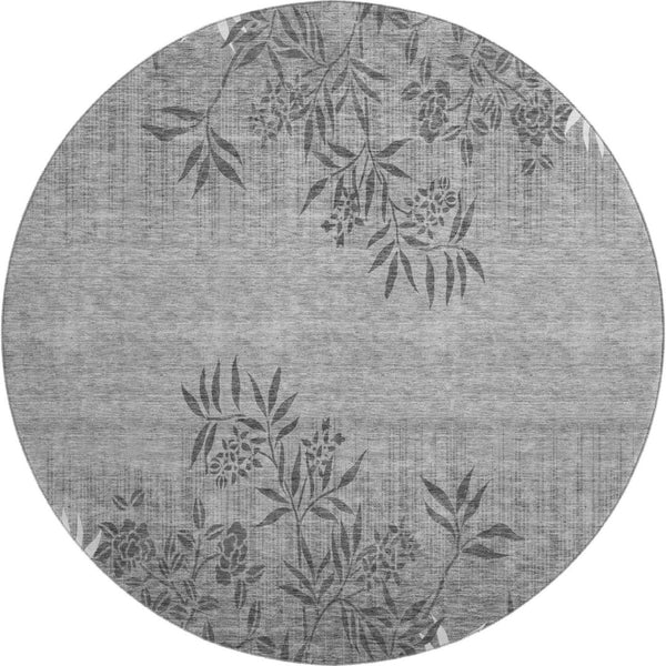 HomeRoots 8' Elegant Pewter & Ivory Floral Round Rug - Washable, UV Protected, Stain Resistant, Non-Slip Design 655665
