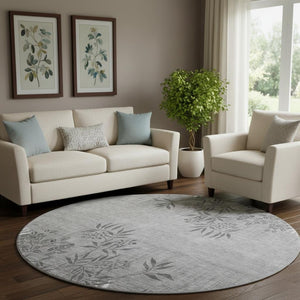 HomeRoots 8' Elegant Pewter & Ivory Floral Round Rug - Washable, UV Protected, Stain Resistant, Non-Slip Design 655665