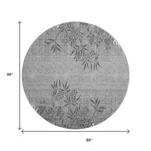 HomeRoots 8' Elegant Pewter & Ivory Floral Round Rug - Washable, UV Protected, Stain Resistant, Non-Slip Design 655665