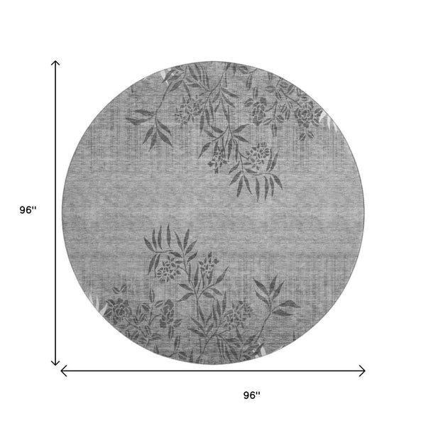 HomeRoots 8' Elegant Pewter & Ivory Floral Round Rug - Washable, UV Protected, Stain Resistant, Non-Slip Design 655665