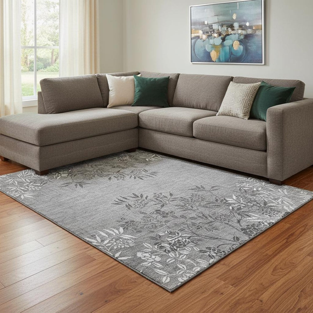 HomeRoots 8' X 10' Elegant Pewter & Ivory Floral Area Rug – Stain-Resistant, UV Protected, Durable Design 655666