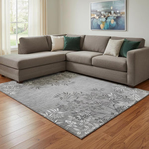 HomeRoots 8' X 10' Elegant Pewter & Ivory Floral Area Rug – Stain-Resistant, UV Protected, Durable Design 655666