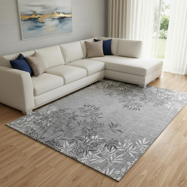 HomeRoots 9' X 12' Pewter Floral Area Rug - Washable, UV-Protected, Stain-Resistant for High-Traffic Homes 655667