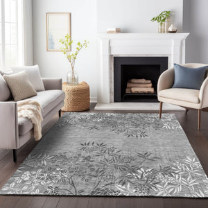 HomeRoots 9' X 12' Pewter Floral Area Rug - Washable, UV-Protected, Stain-Resistant for High-Traffic Homes 655667