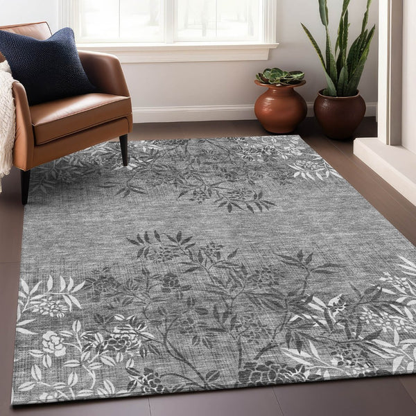 HomeRoots 9' X 12' Pewter Floral Area Rug - Washable, UV-Protected, Stain-Resistant for High-Traffic Homes 655667