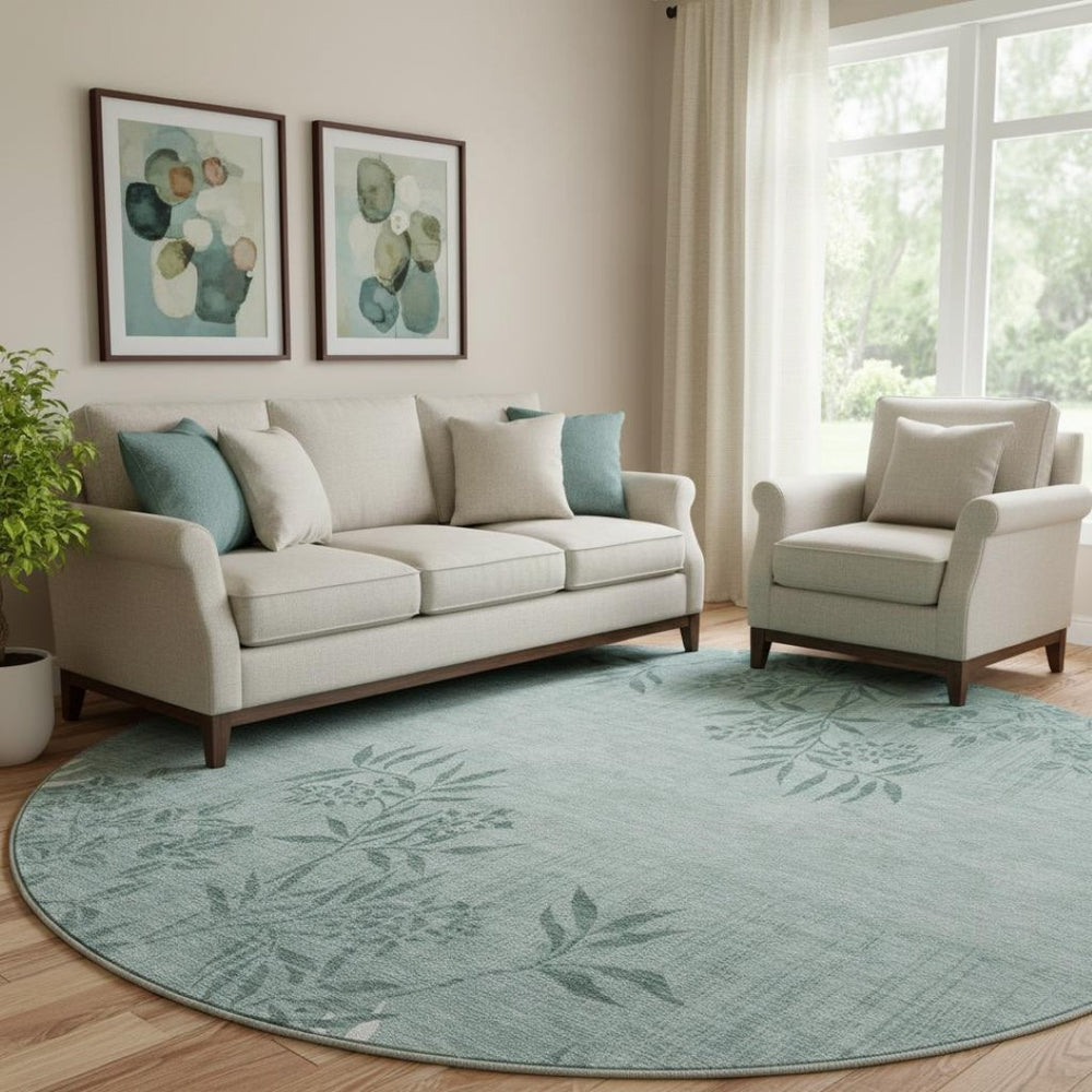 HomeRoots 8' Sage and Ivory Floral Round Rug - Durable, Washable, UV-Protected for Homes with Kids & Pets! 655671
