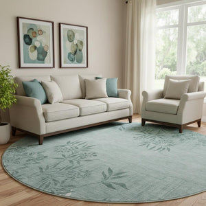 HomeRoots 8' Sage and Ivory Floral Round Rug - Durable, Washable, UV-Protected for Homes with Kids & Pets! 655671