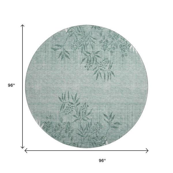 HomeRoots 8' Sage and Ivory Floral Round Rug - Durable, Washable, UV-Protected for Homes with Kids & Pets! 655671