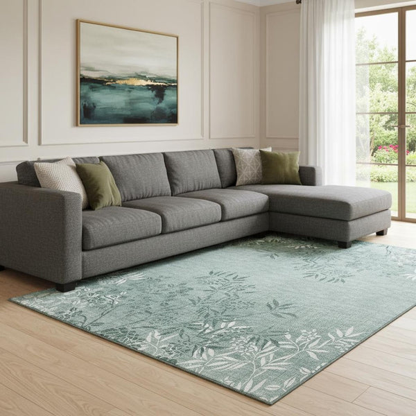 HomeRoots 9' X 12' Sage Floral Area Rug - Washable, UV-Protected, Pet-Friendly & Stylish for Busy Homes 655673