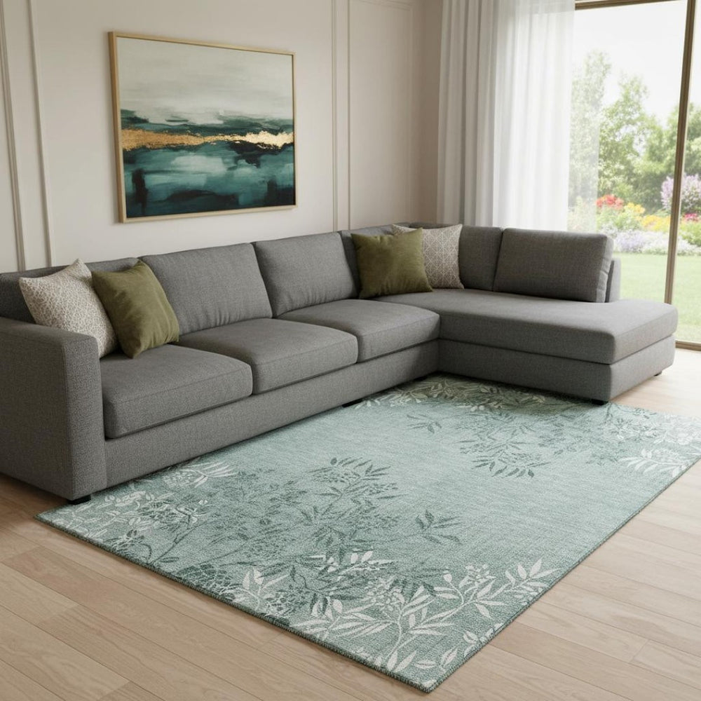 HomeRoots 10' X 14' Sage and Ivory Floral Area Rug - Washable, UV-Protected, Stylish & Durable for Any Room 655674