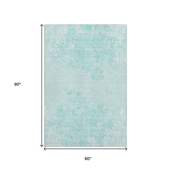 HomeRoots 5' X 8' Teal and Ivory Floral Area Rug with UV Protection - Durable, Washable, and Stain-Resistant! 655676