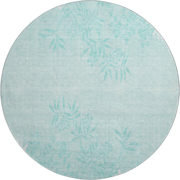 HomeRoots 8' Teal And Ivory Floral Round Rug - Durable, Stain-Resistant, UV Protected for Stylish Spaces 655677