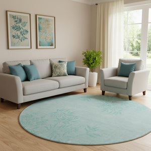 HomeRoots 8' Teal And Ivory Floral Round Rug - Durable, Stain-Resistant, UV Protected for Stylish Spaces 655677