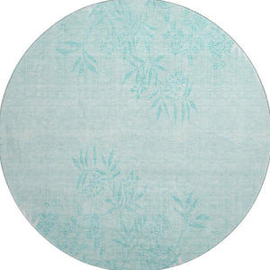 HomeRoots 8' Teal And Ivory Floral Round Rug - Durable, Stain-Resistant, UV Protected for Stylish Spaces 655677