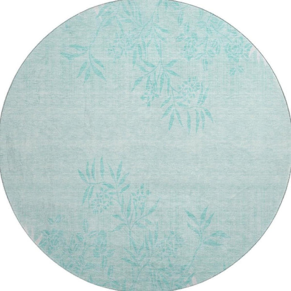 HomeRoots 8' Teal And Ivory Floral Round Rug - Durable, Stain-Resistant, UV Protected for Stylish Spaces 655677