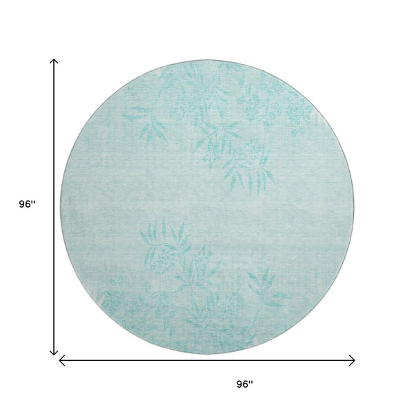 HomeRoots 8' Teal And Ivory Floral Round Rug - Durable, Stain-Resistant, UV Protected for Stylish Spaces 655677