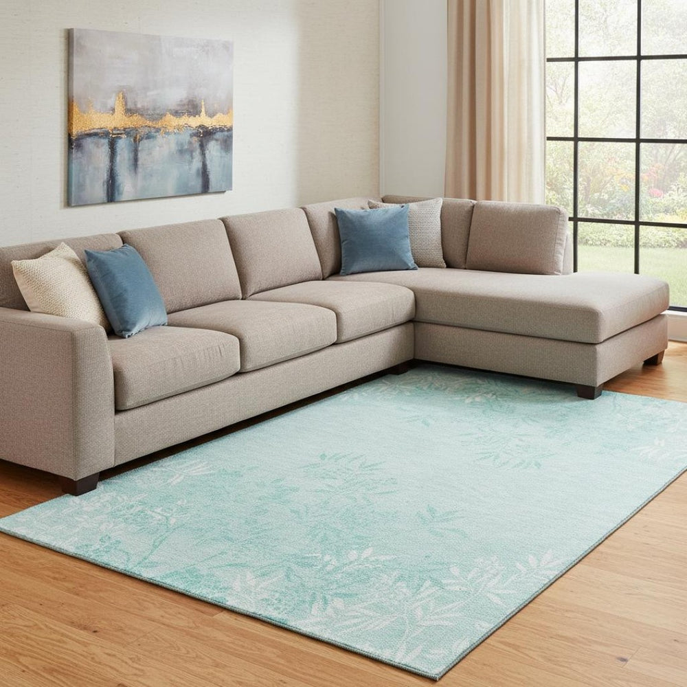 HomeRoots 8' X 10' Stylish Teal & Ivory Floral Area Rug - Washable, UV Protected, Stain Resistant for Homes! 655678