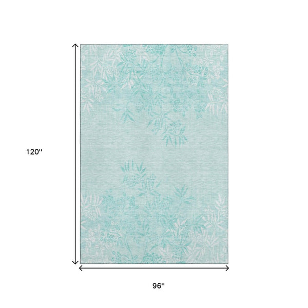HomeRoots 8' X 10' Stylish Teal & Ivory Floral Area Rug - Washable, UV Protected, Stain Resistant for Homes! 655678