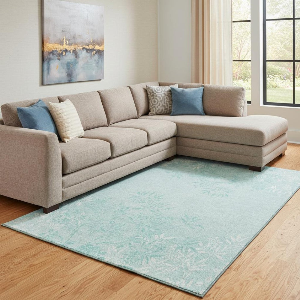 HomeRoots 9' X 12' Teal and Ivory Floral Washable Area Rug - Durable, Stain Resistant, UV Protected & Stylish! 655679