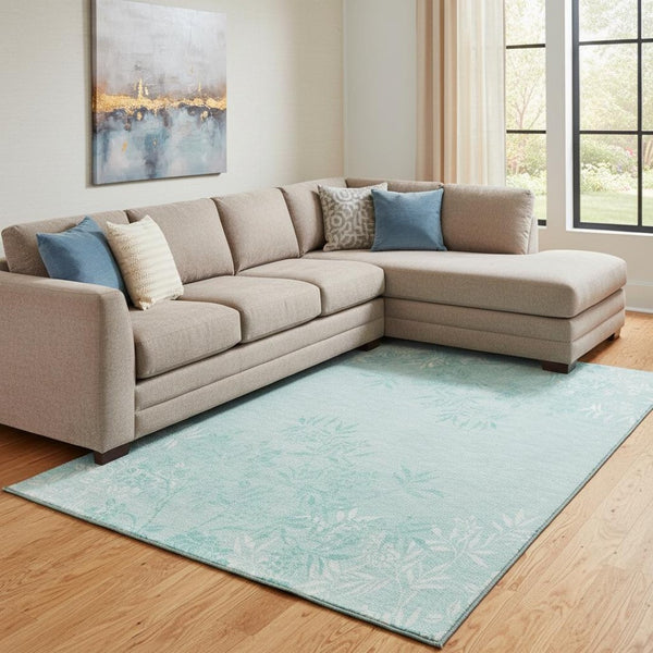 HomeRoots 9' X 12' Teal and Ivory Floral Washable Area Rug - Durable, Stain Resistant, UV Protected & Stylish! 655679