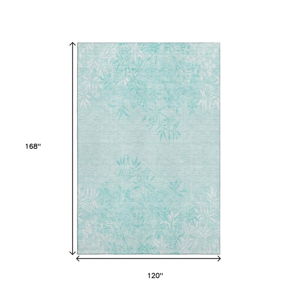 HomeRoots 10' X 14' Teal Floral Area Rug – Washable, UV Protected, Stain Resistant for Busy Family Spaces 655680