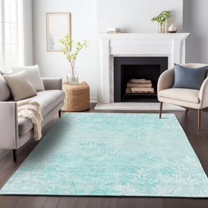 HomeRoots 10' X 14' Teal Floral Area Rug – Washable, UV Protected, Stain Resistant for Busy Family Spaces 655680