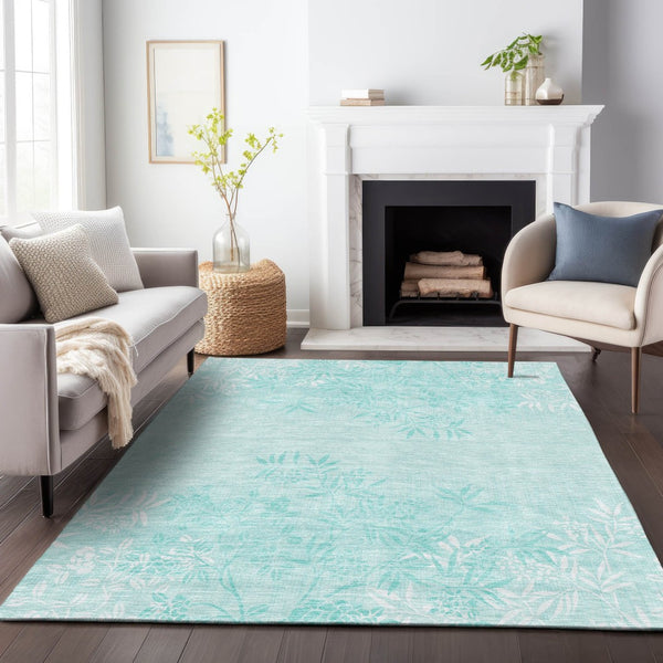 HomeRoots 10' X 14' Teal Floral Area Rug – Washable, UV Protected, Stain Resistant for Busy Family Spaces 655680